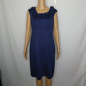 London Times Ruffle Neck Sheath Dress Navy Blue 10 Sleeveless Knew Length Midi